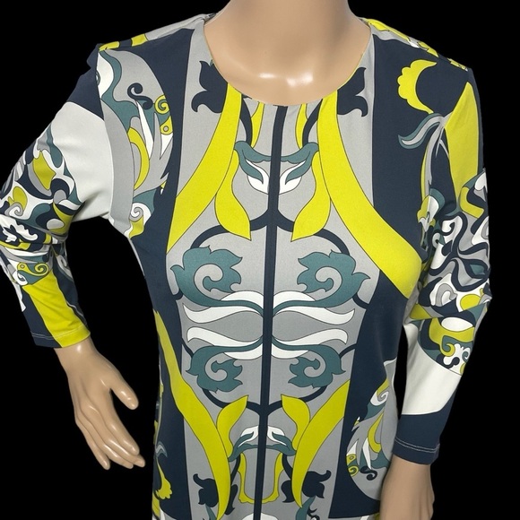 J McLaughlin Blue Green Yellow S Retro Print Catalina Cloth Sheath Dress in EUC - Picture 2 of 8